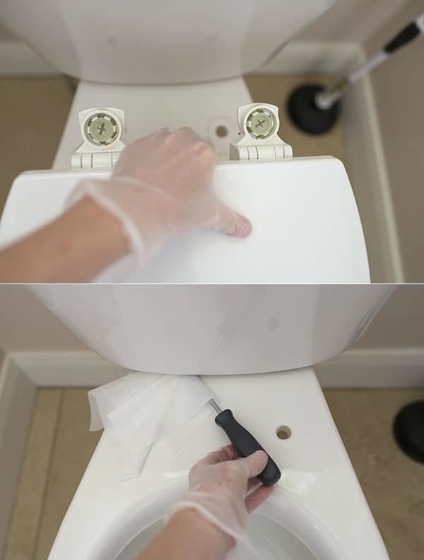 A blogger removing the toilet seat, and using the screwdriver to clean under the gap between their toilet tank and seat