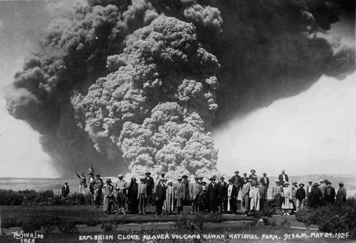 Spectators view an eruption plume at Kilauea volcano on May 24, 1924.