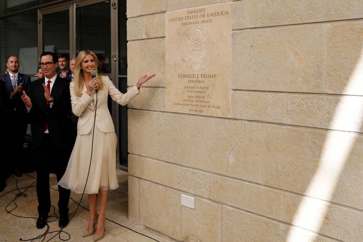 Senior White House Adviser Ivanka Trump and US Treasury Secretary Steven Mnuchin next to the dedication plaque at the US Embassy in Jerusalem.
