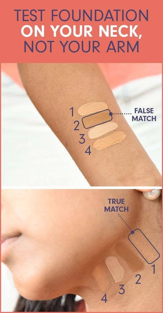 Swatches on a model&#x27;s hand and neck, showing a false match on the arm and a true match on the neck