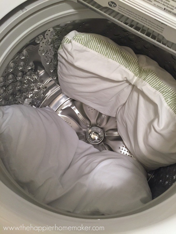 The blogger&#x27;s pillows in their washer