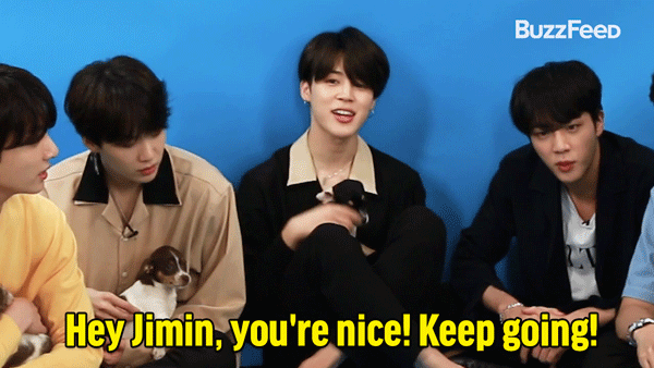Jimin: Hey Jimin, you're nice! Keep going!Jin: Study English hard!J-Hope: English, yeah!