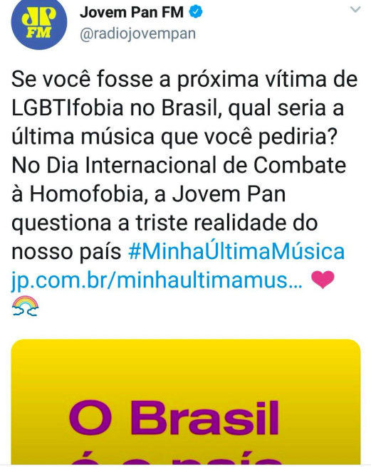 Com a #MinhaÚltimaMúsica e o apoio de celebridades, a rádio perguntou qual a música que você pediria antes de morrer por causa do preconceito.