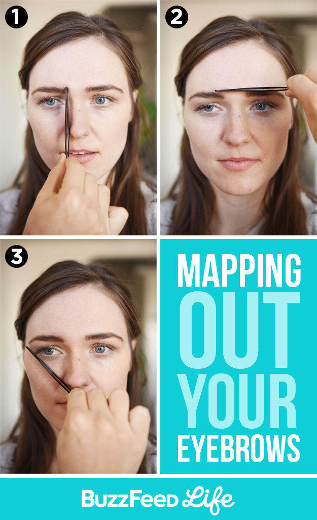 Showing how to use tweezers to show the beginning of the eyebrow (hold tweezers straight up from the side of the nose), end of the brow (hold them angled up from the side of the nose), and top of the eyebrow (hold them horizontally on top of both brows)