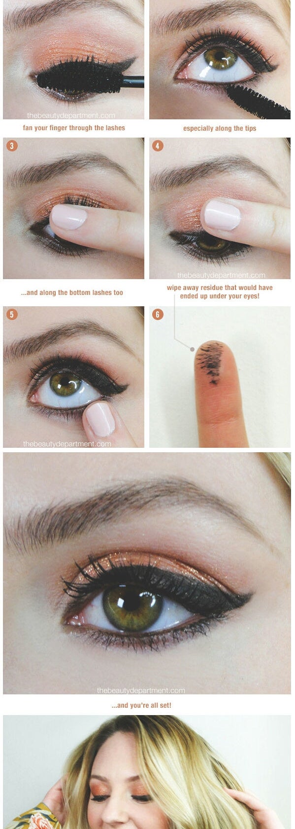 A diagram showing how to do the trick, with a model simply running their fingers along the lower side of the top lashes after applying mascara