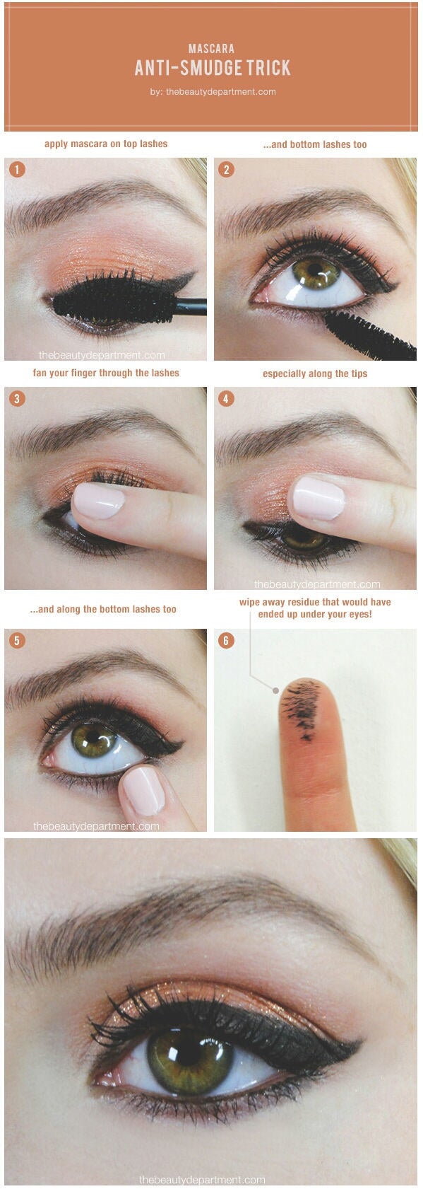 A diagram showing how to do the trick, with a model simply running their fingers along the lower side of the top lashes after applying mascara