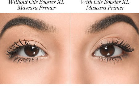 Model with mascara on showing the difference without the primer: without clumpy and sparser looking, with totally clump free