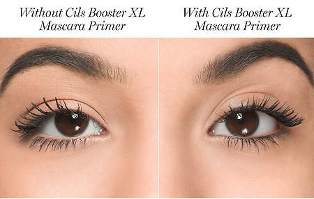 Model with mascara on showing the difference without the primer: without clumpy and sparser looking, with totally clump free