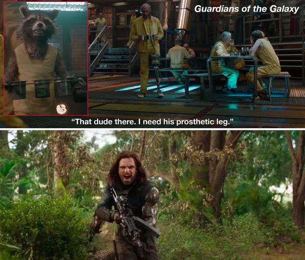 Rocket seems to have a thing for limbs. In Guardians of the Galaxy he jokes that he needs some guy's prosthetic leg and in Avengers: Infinity War he asks Bucky, "How much?" for his new arm that Shuri built.