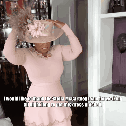 "Thank you @stellamccartney ! Realized Friday morning the beige dress I was planning to wear to Royal ceremony would photograph too “white” for a wedding.Her team did this overnite. Hat is vintage @philiptreacy been in my closet since 2005 with new feathers. OMG was this an extraordinary day! #Harry&Meghan #RoyalWedding #Lovedeveryminute" —@oprah