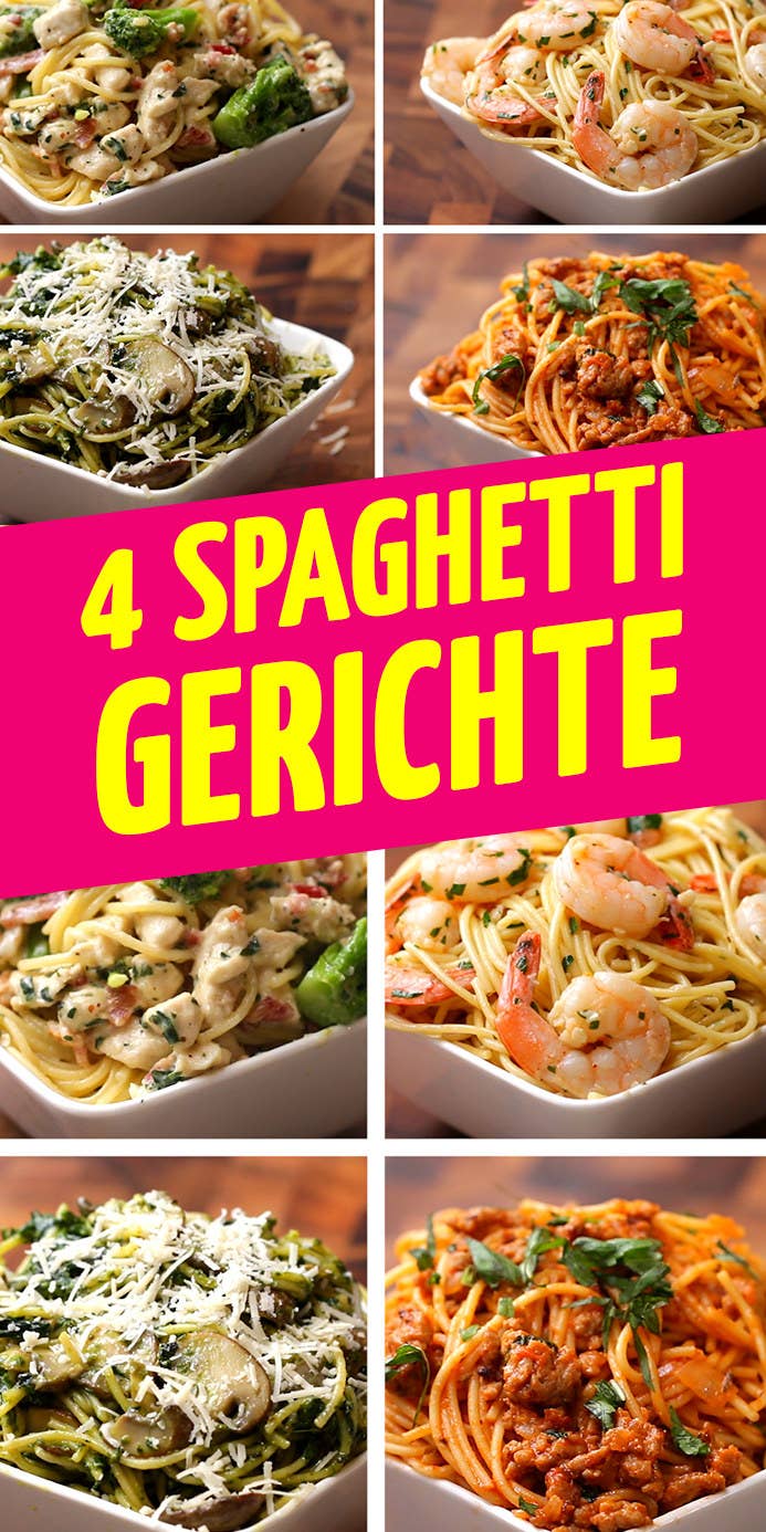 ZUTATENSPAGHETTI ALFREDO MIT BACON UND BROKKOLI 2 Hühnerbrüste1TL Salz1TL Pfeffer2 Knoblauchzehen150g Brokkoli500ml Milch110g Parmesan15g Petersilie4 Streifen Bacon250g SpaghettiKNOBLAUCH-SHRIMPS-SPAGHETTI45g Butter3 Knoblauchzehen450g Garnelen1TL Salz1TL Pfeffer1/2 Zitrone1TL Chili-Pulver15g Petersilie250g SpaghettiSPAGHETTI MIT PESTO, SPINAT UND CHAMPIGNONS150g Spinat65g Champignons1TL Salz1TL Pfeffer220g Pesto50g Parmesan250g SpaghettiSPAGHETTI MIT TOMATEN, BASILIKUM UND HACKFLEISCH250g Hackfleisch1/2 Zwiebel1TL Salz1TL Pfeffer500ml Tomaten-Sauce250ml Milch10g Basilikum250g Spaghetti