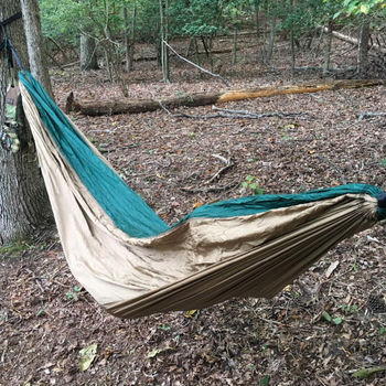 A reviewer photo of two people zipped into the hhammock