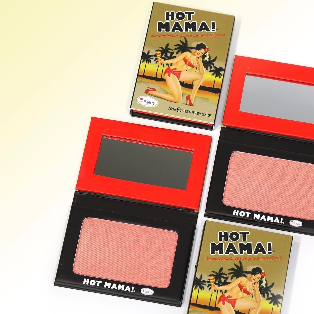 The Balm powder blush compact, which is in a retro pinup style, with an included mirror