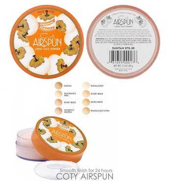 An image of the Coty Airspun powder packaging, plus a list and examples of the shades available