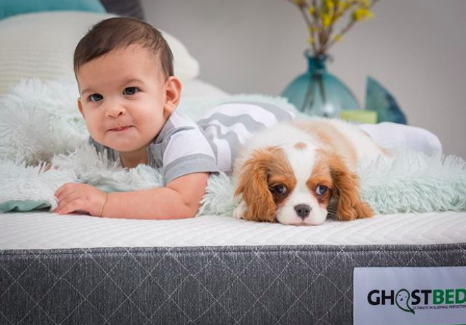 baby and puppy chill on mattress