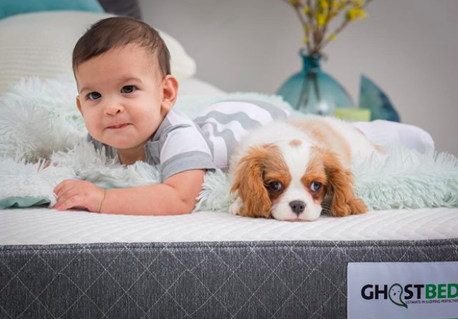 baby and puppy chill on mattress 