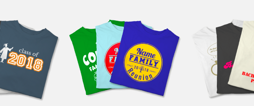 A variety of custom shirts including a family reunion, class of 2018, and more