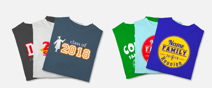 A variety of custom shirts including a family reunion, class of 2018, and more