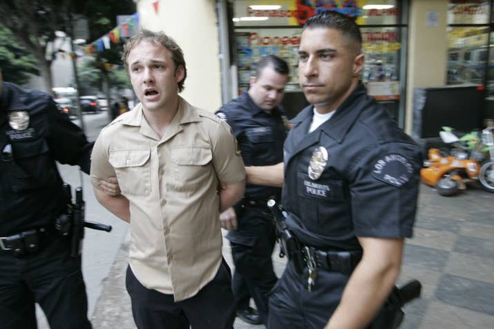 Brad Renfro is arrested for allegedly buying what he thought was heroin from undercover police officers in downtown Los Angeles, 2005.