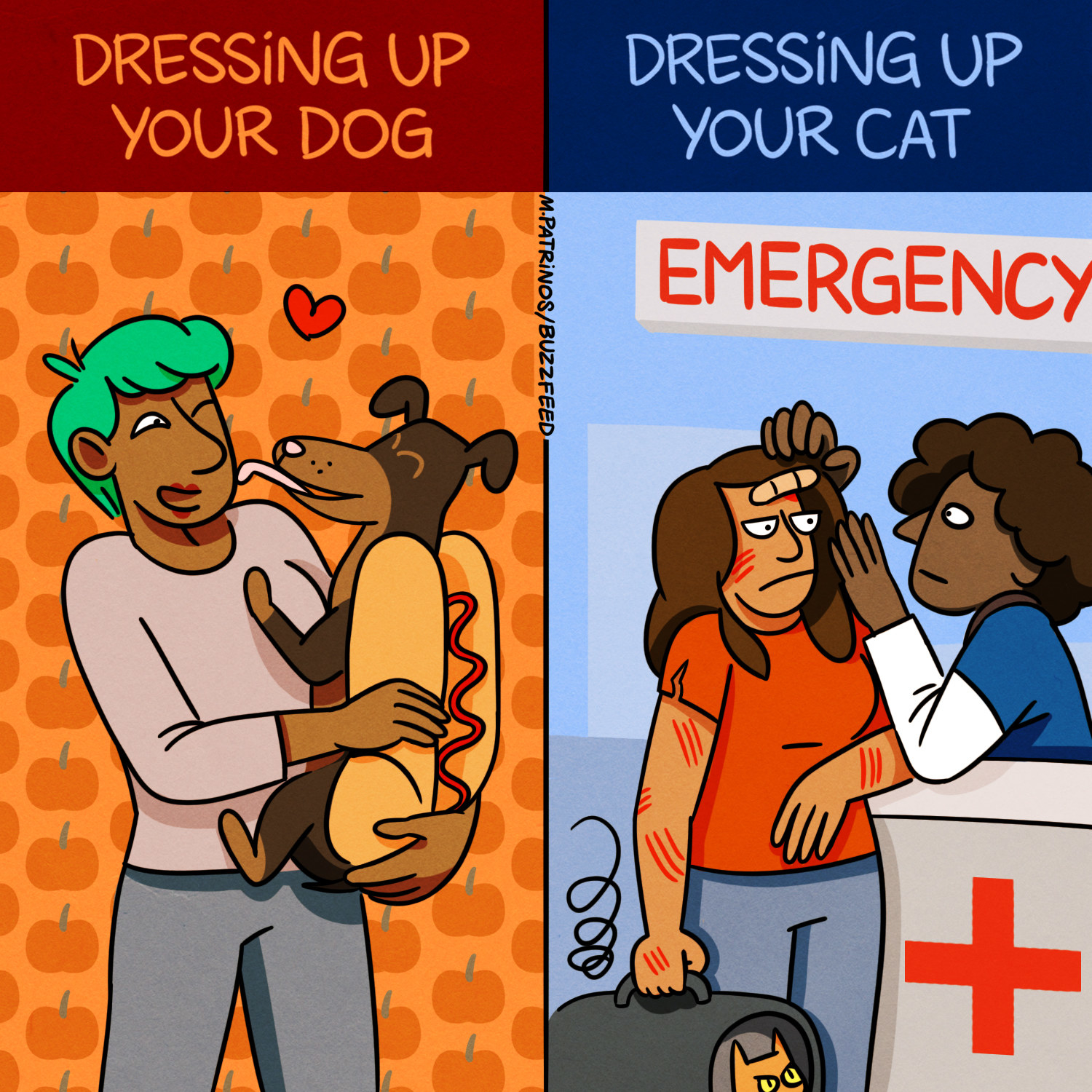 dog in a hot dog costume and woman in emergency room