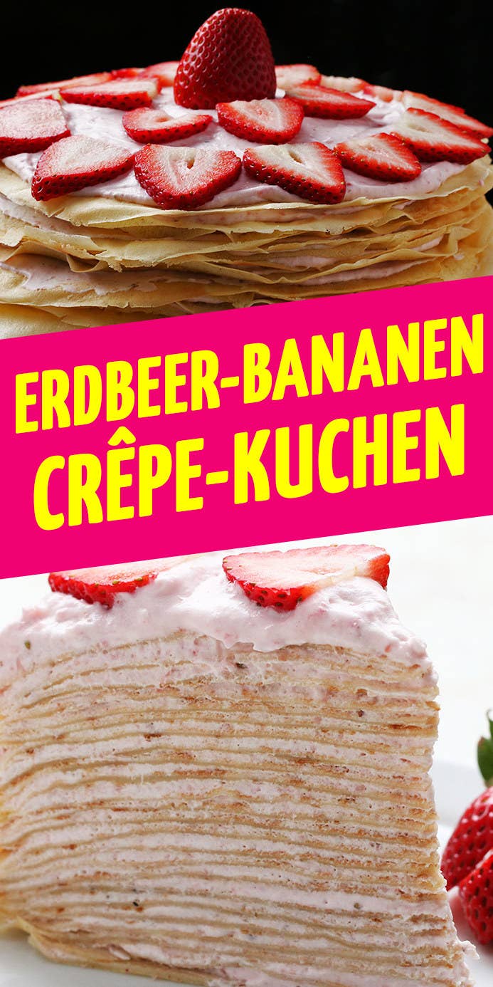 8 PortionenZUTATEN4 große Eier840 ml Milch80 ml Öl2 Teelöffel Vanille3 reife Bananen, sehr reif100 g Zucker1/2 Teelöffel Salz250 g Mehl1/2 Teelöffel ungesalzene Butter10 Erdbeeren, entstielt, und einige in Scheiben geschnitten zum Garnieren300 ml Schlagsahne2 Esslöffel PuderzuckerInspiriert von:http://www.geniuskitchen.com/recipe/banana-crepes-209247