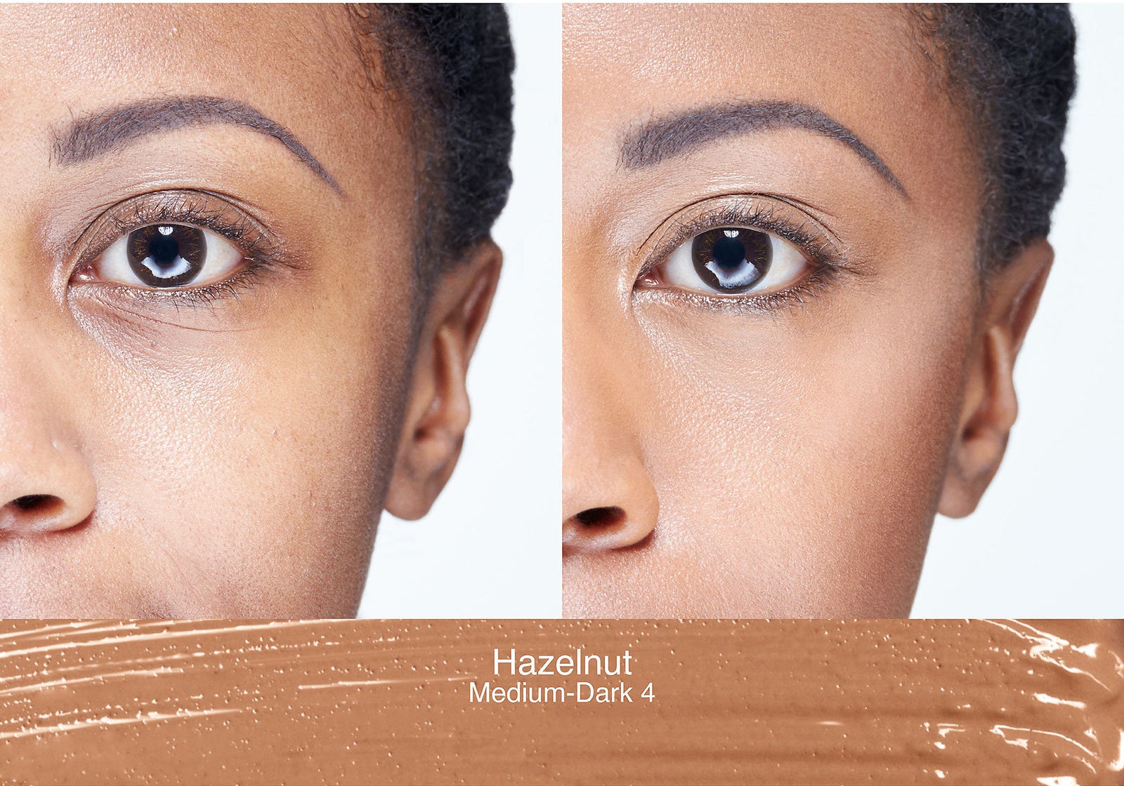 A model, before and after to show the difference in their brightened under eye circles using shade hazelnut