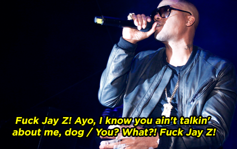 Nas saying: &quot;F*ck Jay X! Ayo, I know you ain&#x27;t talkin&#x27; about me, dog/You? What?! F*uck Jay Z!&quot;