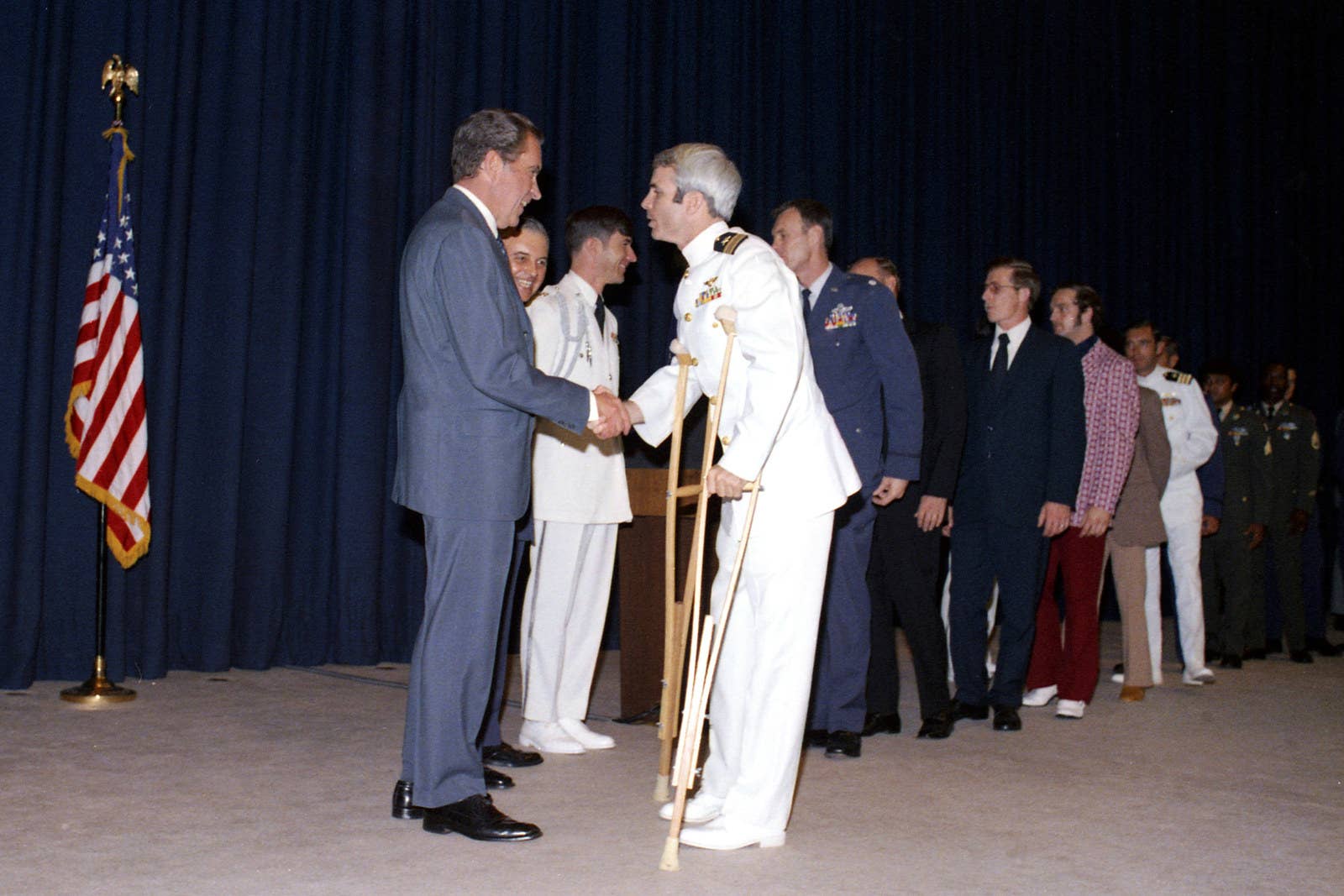 At a predinner reception, US President Richard Nixon greets McCain in Washington, DC, on May 24, 1973.