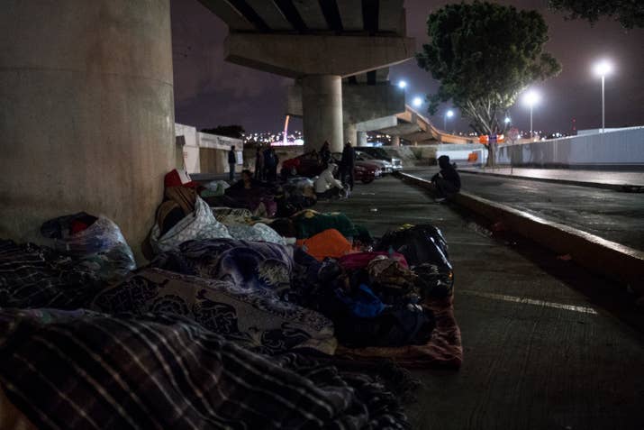 Asylum seekers camp near the US-Mexico border checkpoint in Tijuana.