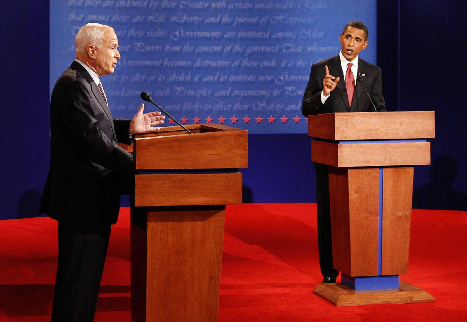 McCain, the Republican presidential candidate, and Democratic presidential candidate Barack Obama take part in the first presidential debate at the University of Mississippi in Oxford, Mississippi, on Sept. 26, 2008.
