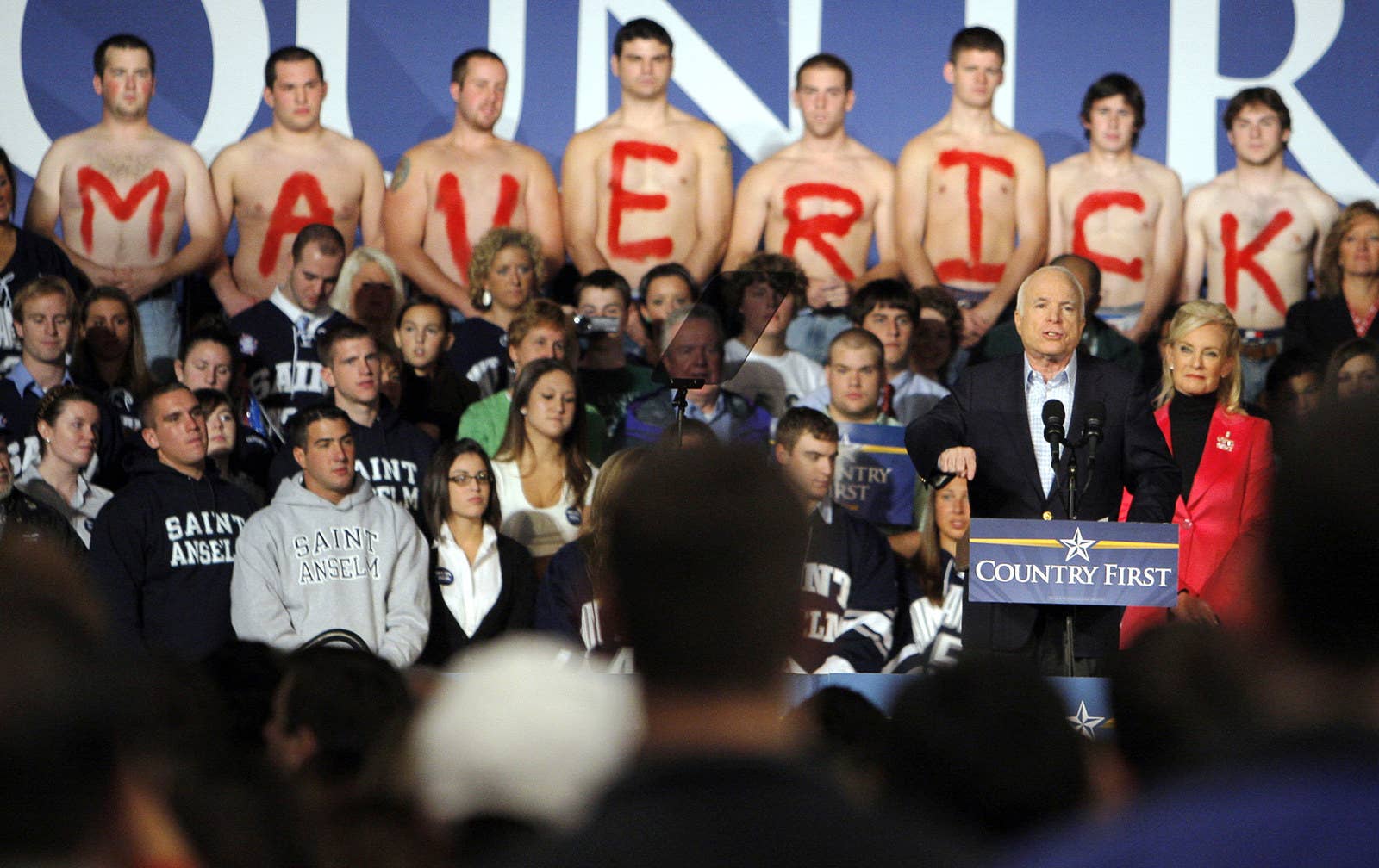 Republican presidential nominee McCain, with his wife, Cindy, speaks at a campaign rally at Saint Anselm College in Manchester, New Hampshire, on Oct. 22, 2008.