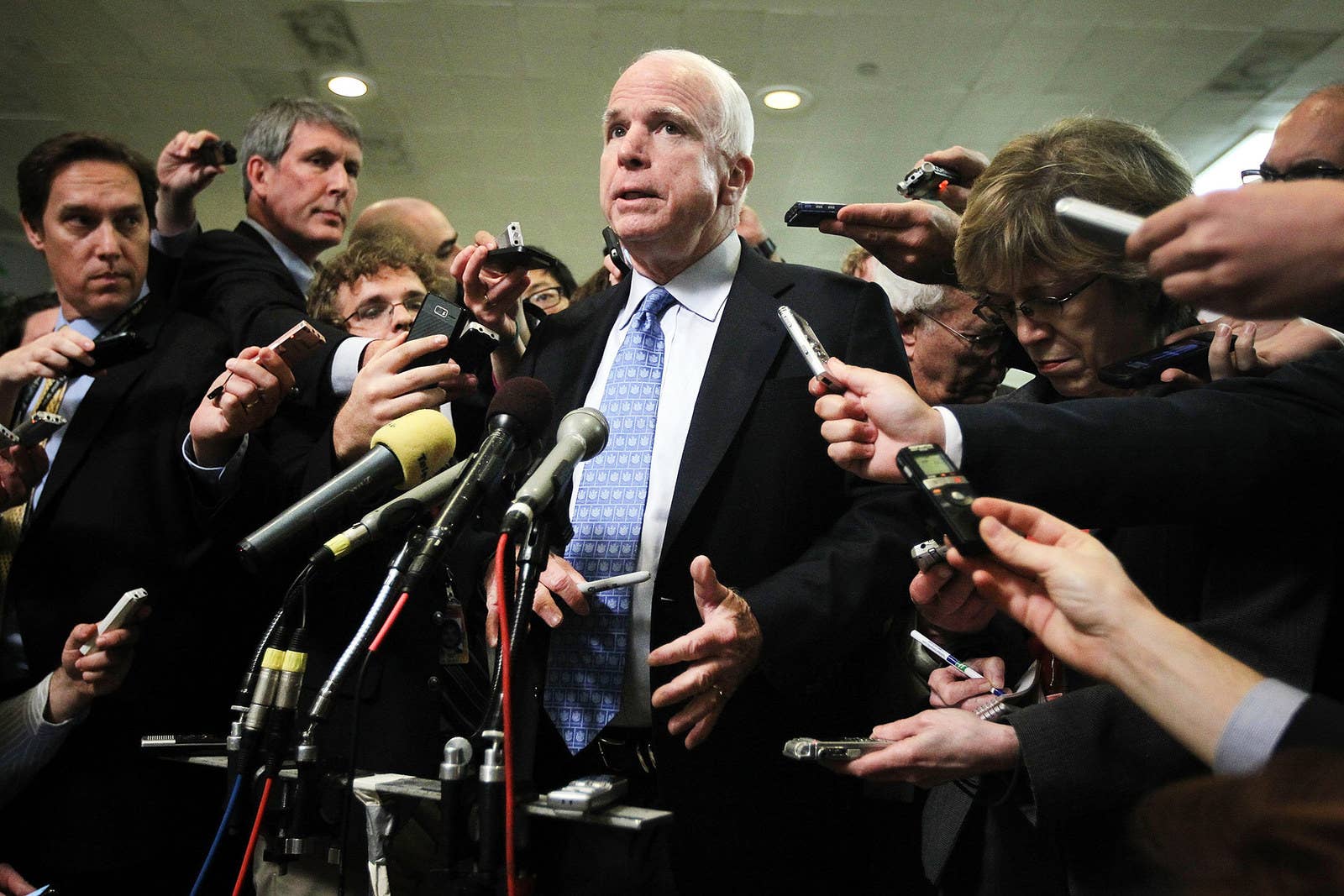 McCain speaks to members of the media after a hearing on the Benghazi attack before the Select Committee on Intelligence on Nov. 16, 2012, on Capitol Hill.
