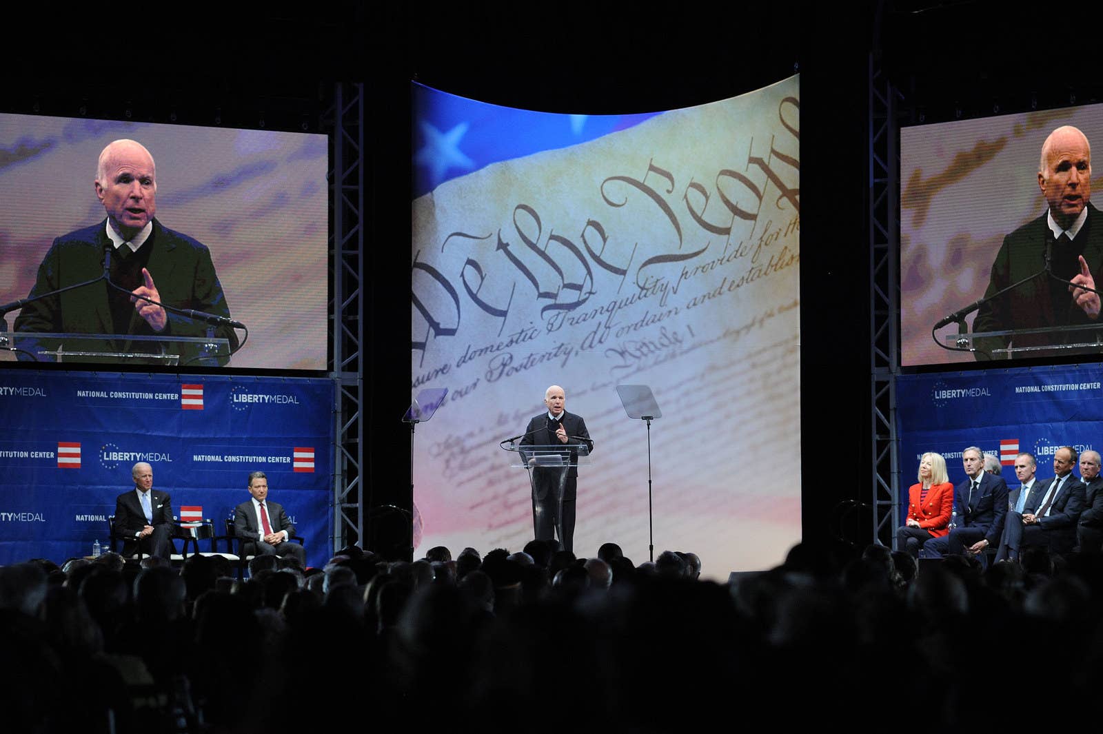McCain makes remarks after receiving the 2017 Liberty Medal at the National Constitution Center on Oct. 16, 2017, in Philadelphia.