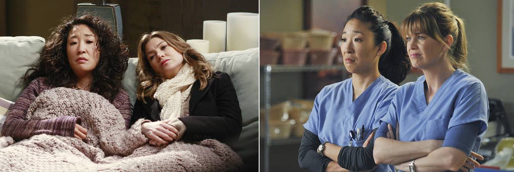 Oh e Ellen Pompeo como as mÃ©dicas Yang e Grey, em Grey&#x27;s Anatomy.