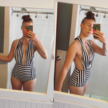 reviewer wearing the deep plunging, backless black and white striped suit, shown from two angles