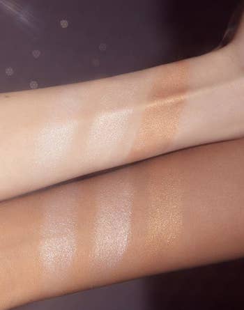 two different toned arms swatching all the highlighter shades