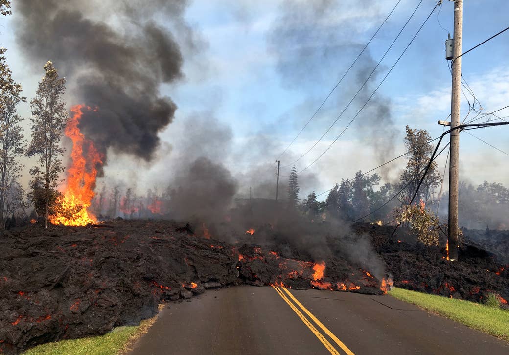 Lava slowly advances in the Leilani Estates subdivision near Pahoa, Hawaii.