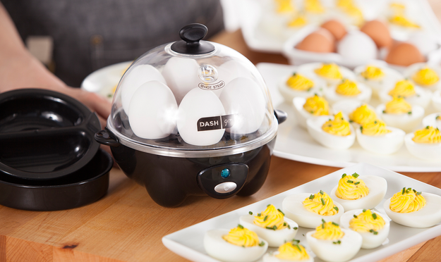 A rapid egg cooker, which prepares six eggs in any manner your heart desires — hard-, medium-, and soft-boiled eggs, two poached eggs, scrambled eggs, you name it.