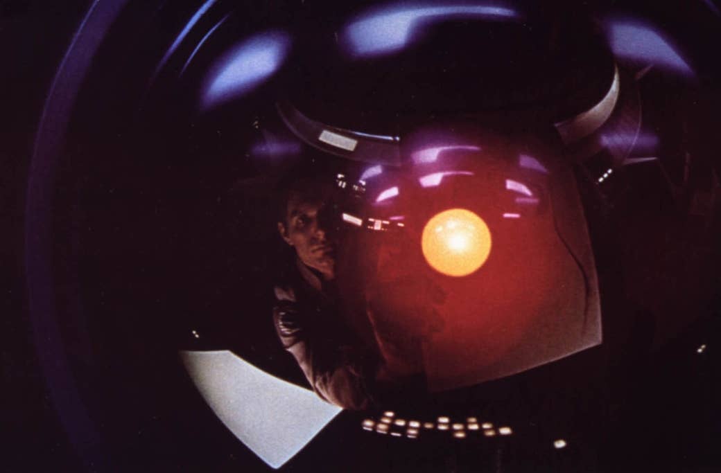 Dave Bowman (Keir Dullea) reflected in the lens of HAL&#x27;s &quot;eye&quot; in 2001: A Space Odyssey, 1968.