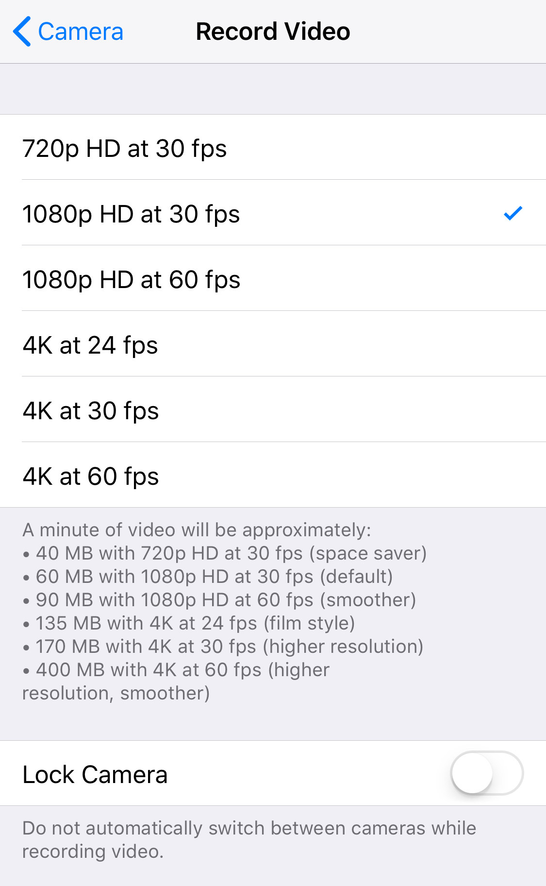 Record Video resolution options