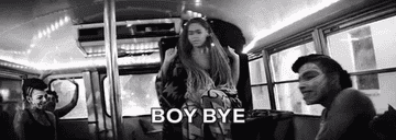 GIF of young people sitting on a bus and waving, with the caption &quot;Boy, bye&quot;