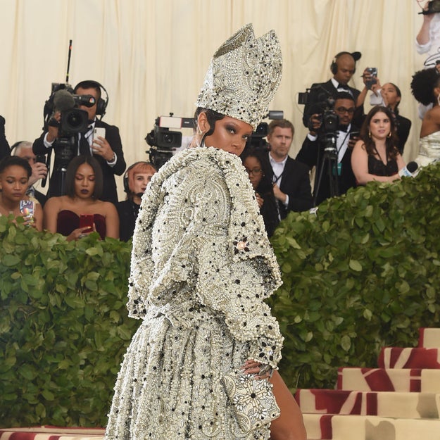The affair was inspired by a new fashion exhibit at the museum called "Heavenly Bodies," which featured artifacts loaned out by the Vatican. Rihanna was there, wearing an impressive pope-inspired outfit, miter and all.