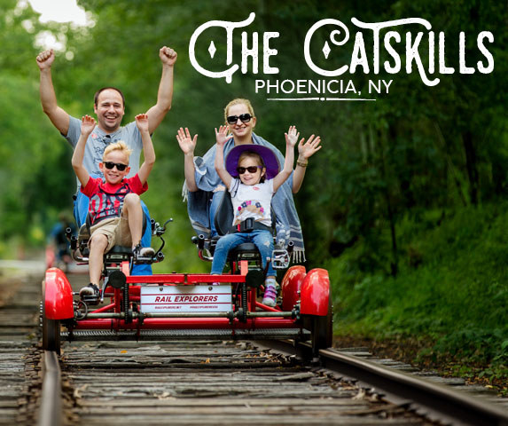 If you are itching to explore the Catskills beyond the boundaries of Emerson Resort, try the brand-new Rail Explorers. You can experience the magic of the railroad on the pedal-powered "Rail Explorers." These custom-built rail bikes feature the latest development in technology, and can be experienced as Tandems or Quads. The magical 2-hour tour takes you from the cute town of Phoenicia through the Catskills to discover the rails that run alongside the Esopus Creek.