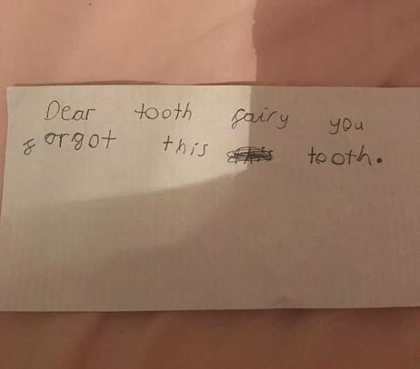 The note reads: "Dear Tooth Fairy, you forgot this tooth."
