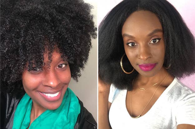 BuzzFeed Shopping reviewer's before-and-after of her 4C curls on the left and her hair blown out on the right