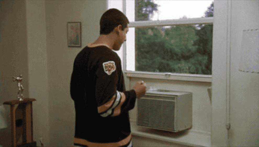 Gif of Happy Gilmore accidentally dropping an AC out the window 