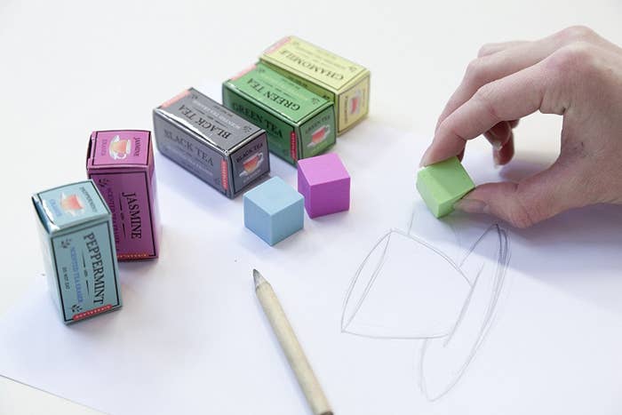 square erasers that come in boxes that look like tea boxes