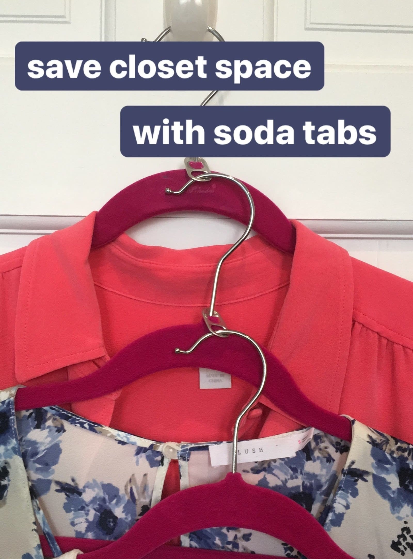 Three blouses on their hangers; a soda tab sits at the base of each hanger head, each with the top of another hanger head looped into it
