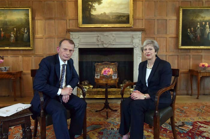 Prime Minister Theresa May being interviewed by host Andrew Marr at Chequers in Buckinghamshire for The Andrew Marr Show.