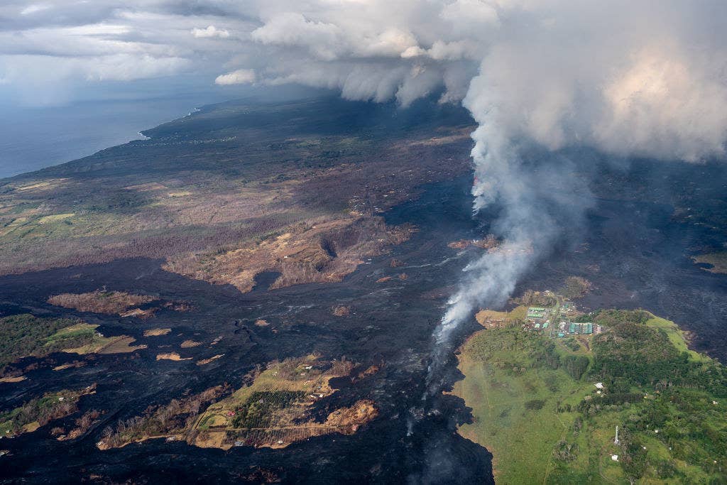 This aerial photo shows how lava partially covered a geothermal plant in the area.